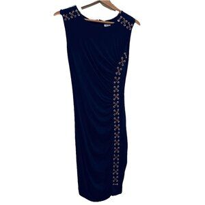 VTG CACHE Navy Blue Y2K Faux Leather Lace Up Ruched Body Con Midi Dress Sz M
